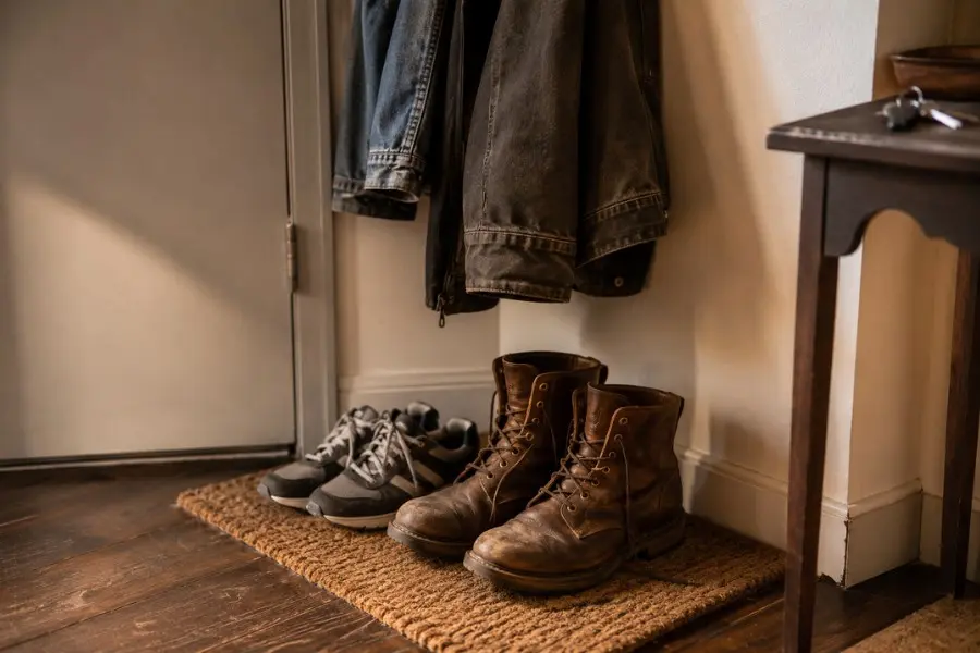 Large work boots and sneakers placed together by an apartment door to make it look like more than one person lives there