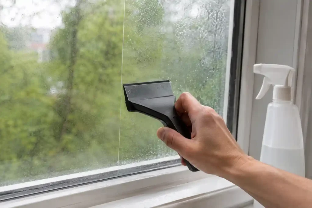 Applying clear security window film to the inside of an apartment window with a squeegee and spray bottle