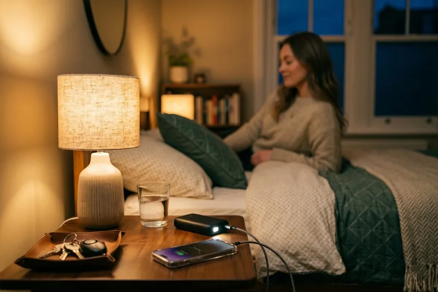 Woman relaxing in bed beside a charged phone, flashlight, keys, and emergency essentials, showing practical emergency preparedness for women living alone.