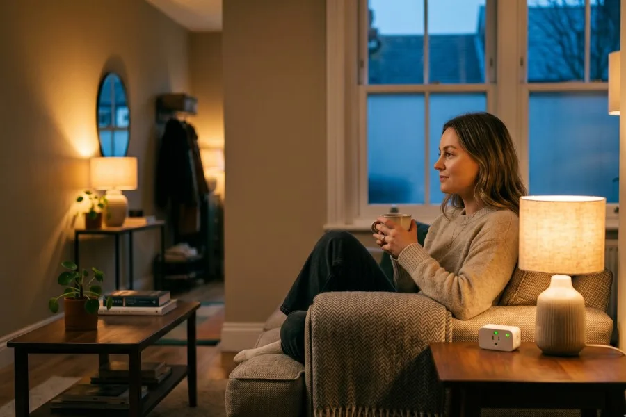 Woman sitting in a cozy, warmly lit apartment living room at night, creating a lived-in and occupied home atmosphere while living alone.