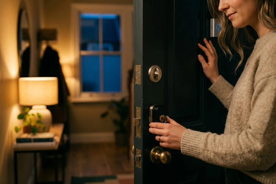 Woman locking a reinforced front door inside a warmly lit apartment, highlighting home security measures that help slow down intruders for women living alone.