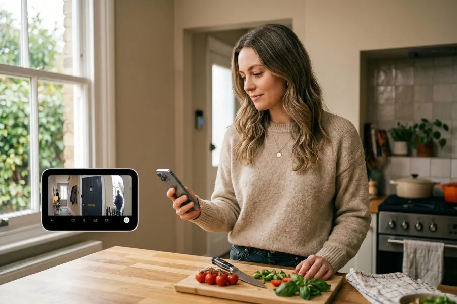 Woman checking her phone in a kitchen while a smart home security display shows a live view of her front door, helping her stay aware of activity around her home while living alone.