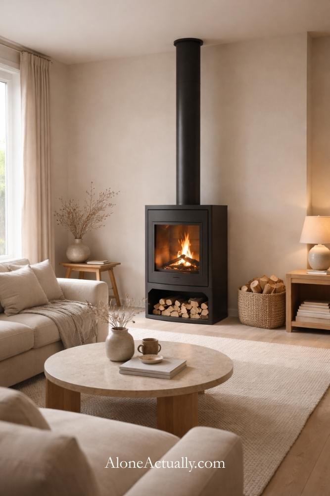 Minimal Black Standalone Fireplace in a Neutral Living Room