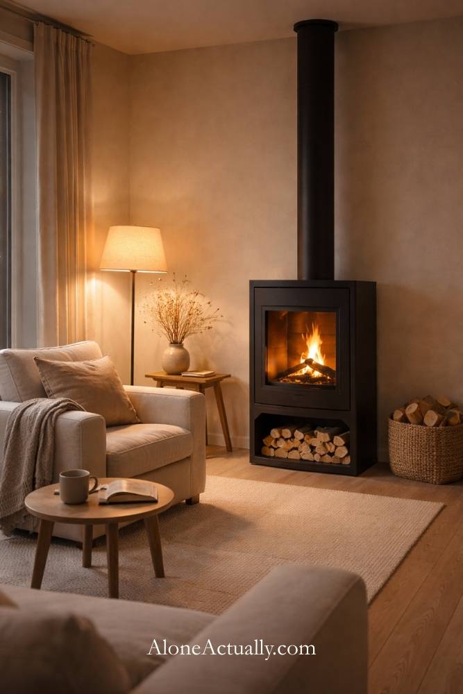 Cozy Standalone Fireplace with a Reading Chair Nearby