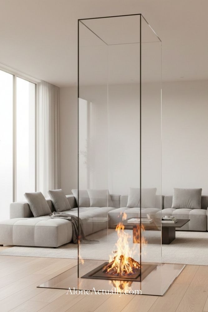 Modern Glass Standalone Fireplace with Open Visibility
