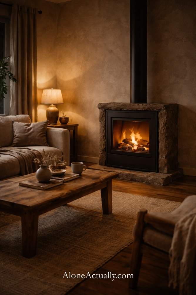 Rustic Standalone Fireplace with Warm Wood Tones