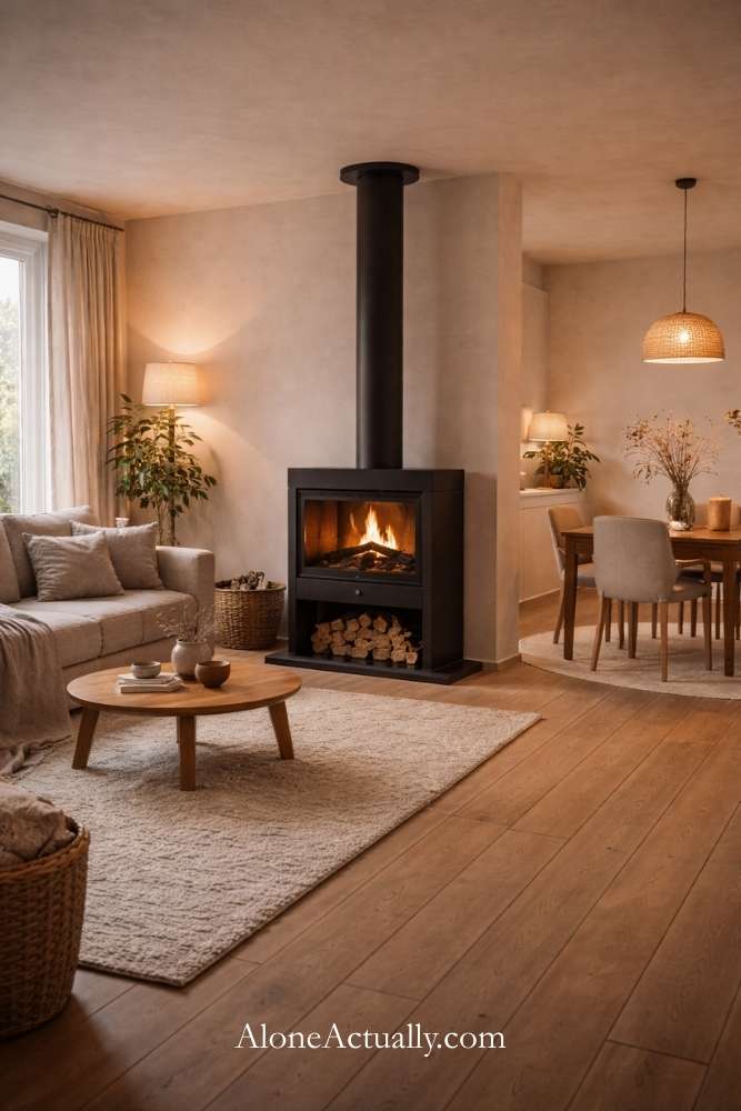 Standalone Fireplace Between the Living and Dining Area