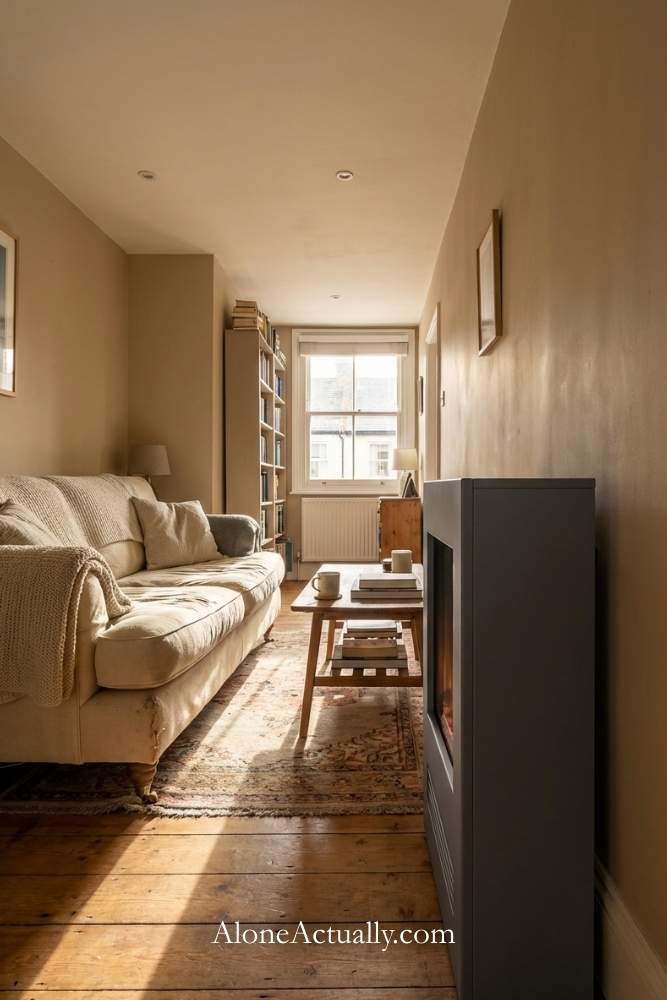 Standalone Fireplace in a Narrow Living Room Layout