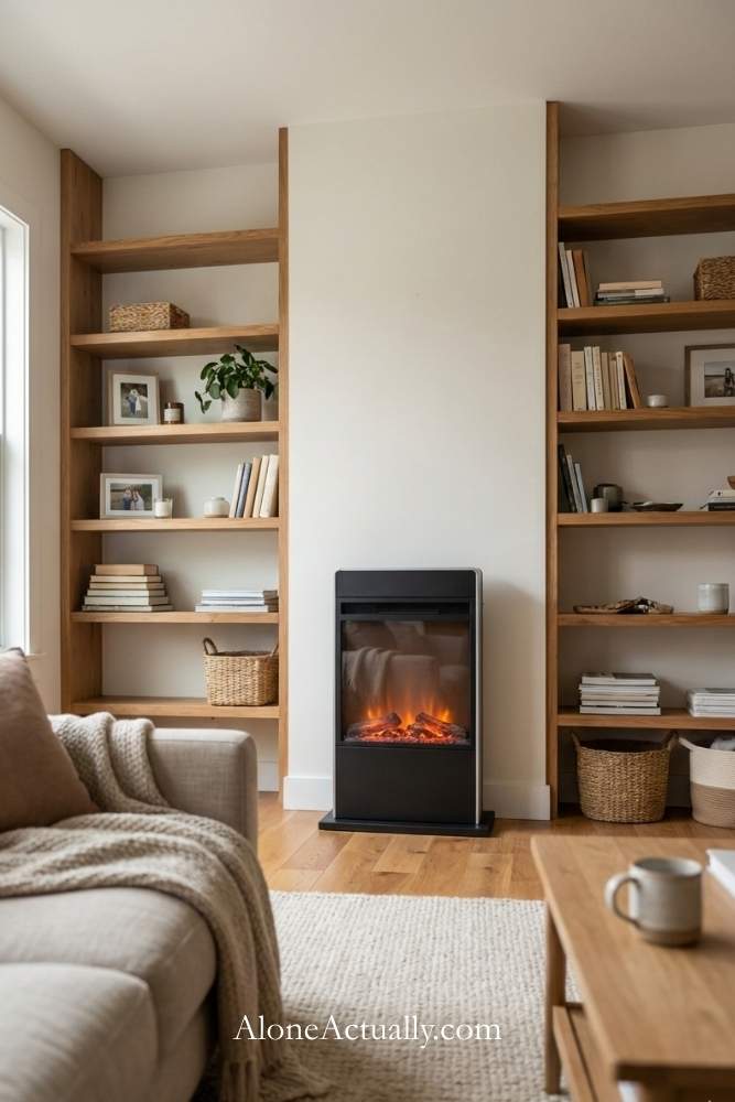 Freestanding Fireplace Paired with Built-In Shelves
