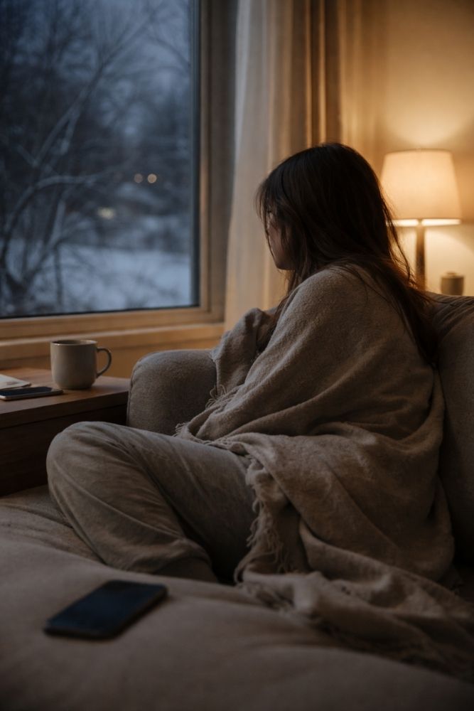 A woman wrapped in a blanket sitting quietly indoors on a winter night, with warm lighting and a peaceful, low-energy mood.