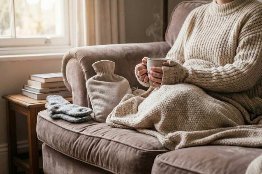 A cozy winter self-care moment showing gentle body warmth, with a person wrapped in a thick blanket holding a warm mug in a softly lit indoor space.