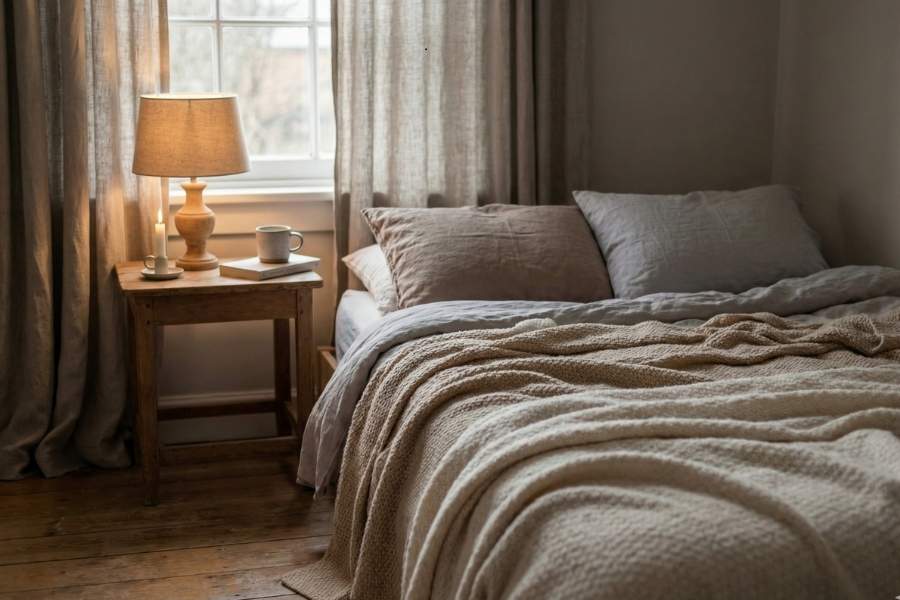 A soft winter bedroom scene with warm lighting, layered blankets, and cozy textures that make the space feel calm and comforting.