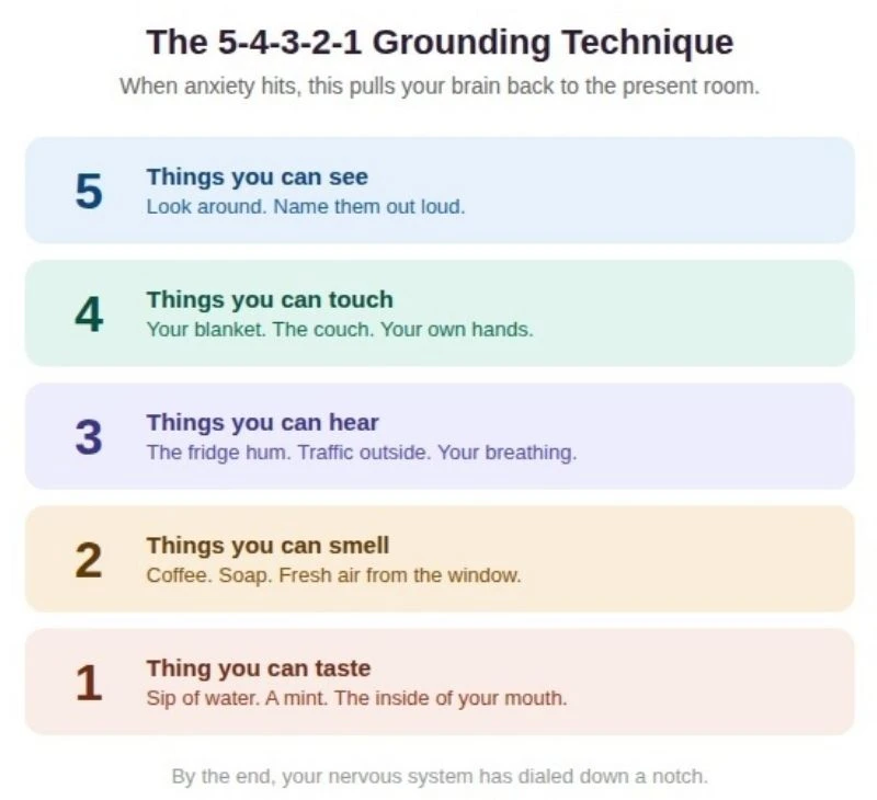 The 5-4-3-2-1 grounding technique for anxiety — 5 things you see, 4 you touch, 3 you hear, 2 you smell, 1 you taste — a calming exercise for women living alone