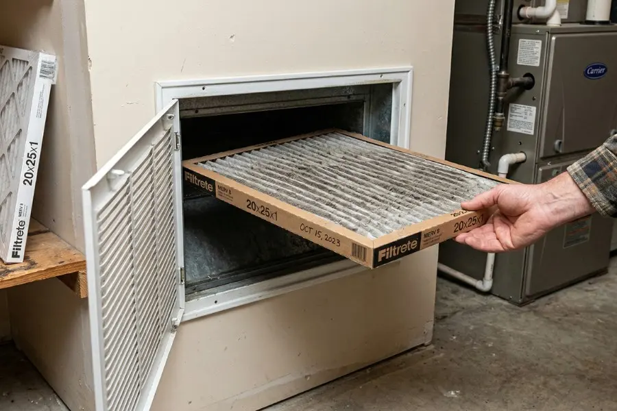 Pleated HVAC air filter being removed from a return vent inside a typical American home