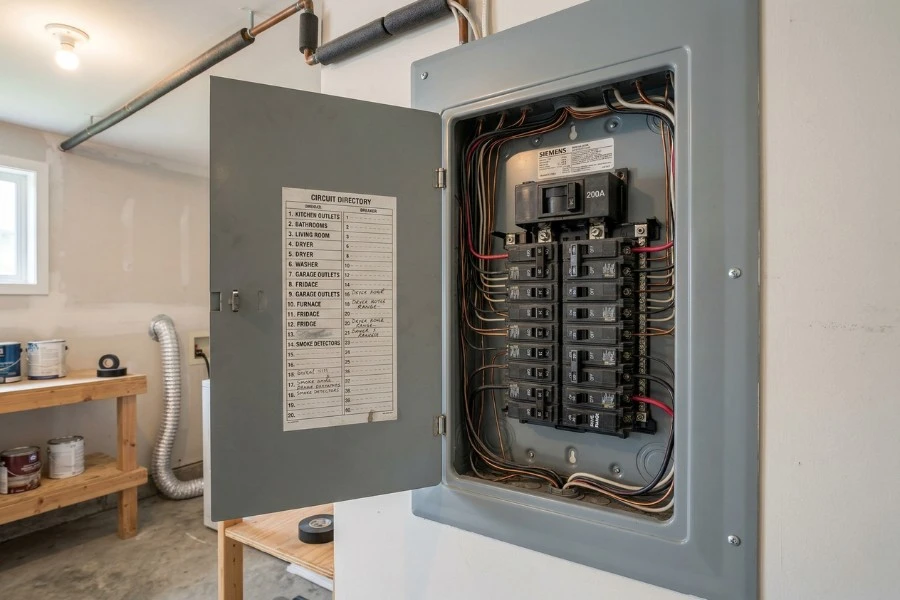 Open electrical panel with visible circuit breakers inside a typical American home utility area