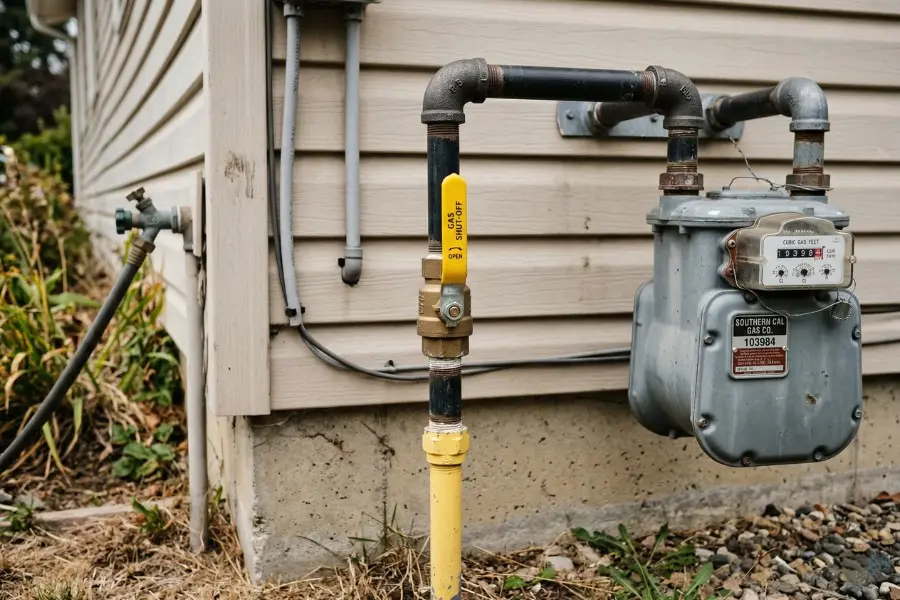 Residential gas shutoff valve near a gas meter on the outside of a typical American home