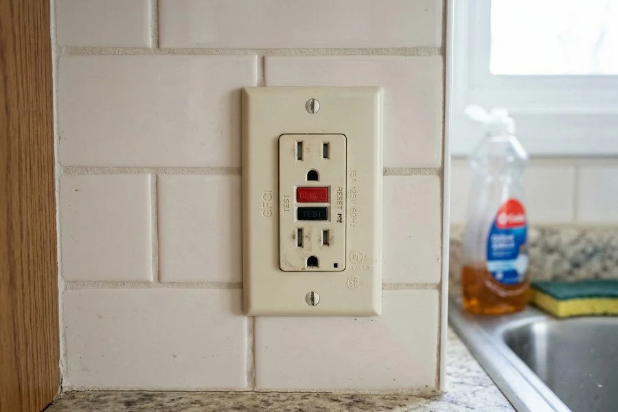 Close-up of a GFCI outlet with test and reset buttons inside a typical American home