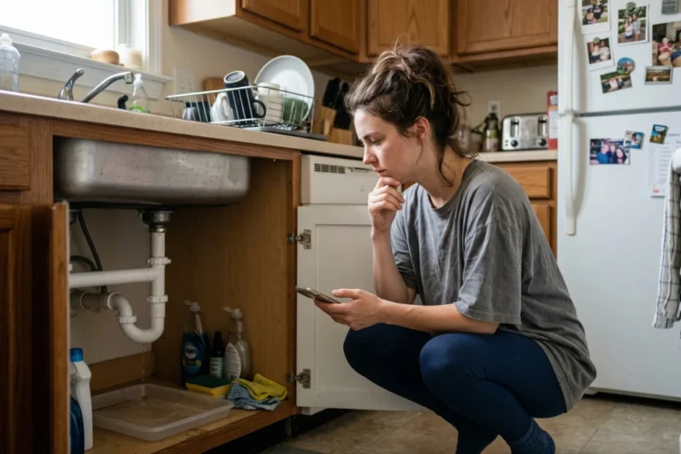 Woman in an apartment looking at a maintenance issue and deciding whether to fix it or contact the landlord
