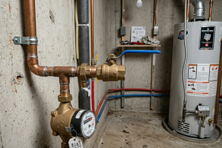 Main water shutoff valve on exposed plumbing line inside a typical American home utility area