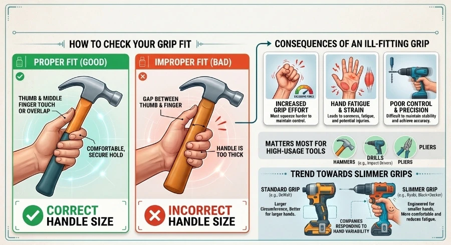 Infographic showing how to check proper tool grip fit, comparing correct and incorrect hammer handle sizes and explaining hand fatigue, grip strength, and control issues caused by oversized tool handles.